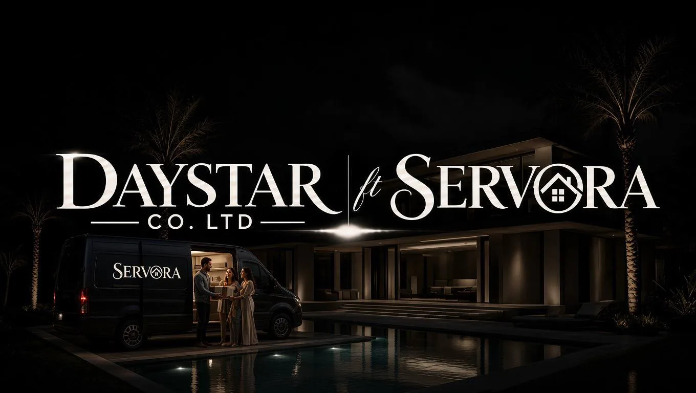 A SERVORA van at a lit villa at night, an Executive handing a package to a family